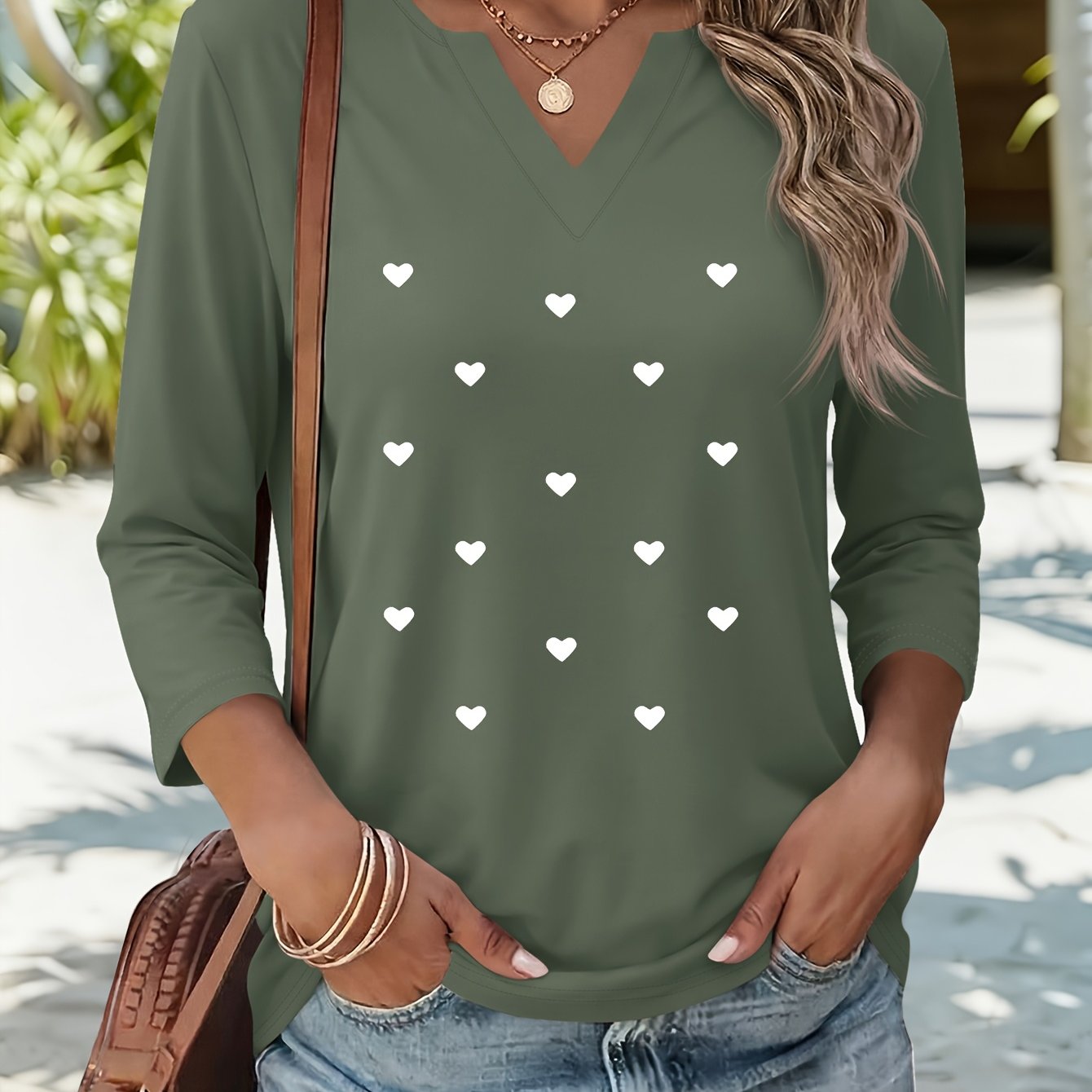 TEMU Graphic Print T-shirt, V-neck Three-quarter Sleeve T-shirt, Elegant Solid Color Top For Spring And Summer, Women's Wear