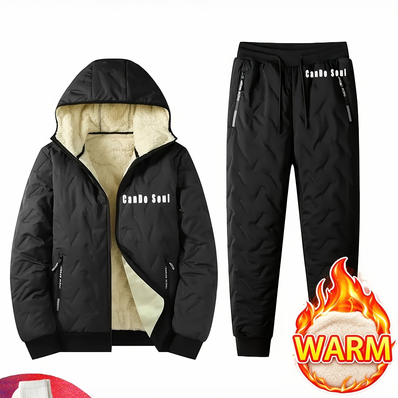 TEMU 2pcs - Autumn/ Winter 2pcs Men's Hooded Casual Suit Long Sleeved Jacket Pants Men's Winter Casual Jacket Set With Plush Lining Lining Hooded