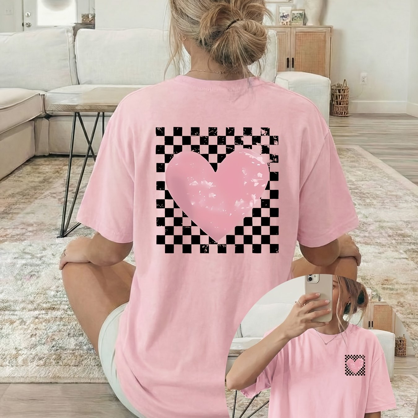 TEMU This Women's T-shirt Features A Reversible Print, With Short Sleeves And A Round Neck. It Has A Pink Heart Set Against A Black And White