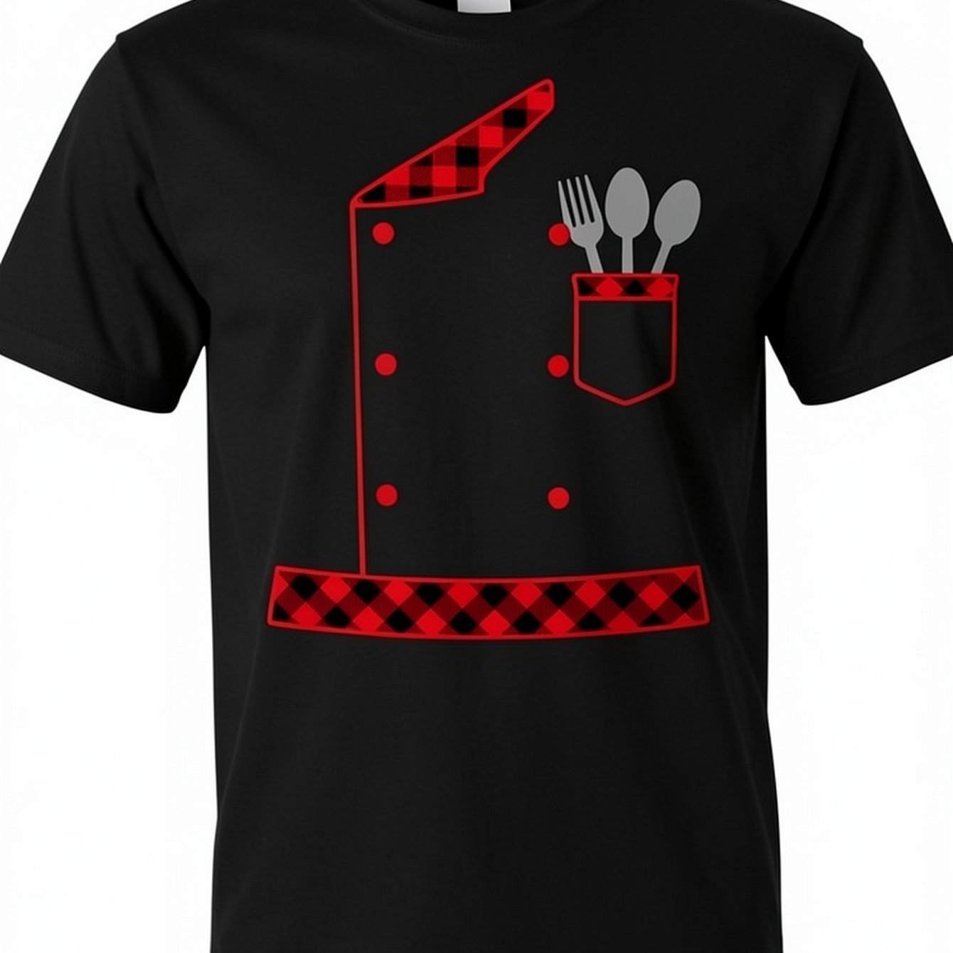 Casual Men's T-shirt With Red Chef Jacket And Utensils Design For Cooking Enthusiasts And Food Lovers, Perfect For Kitchen Wear Or Gift For Chefs And Cooks