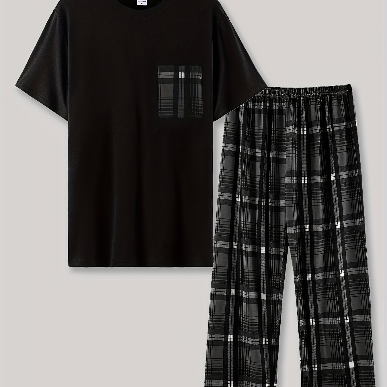 TEMU Men's 180g Heavyweight High-stretch Crew Neck T-shirt And Gray-white Checkered Striped Long Pants Summer Set