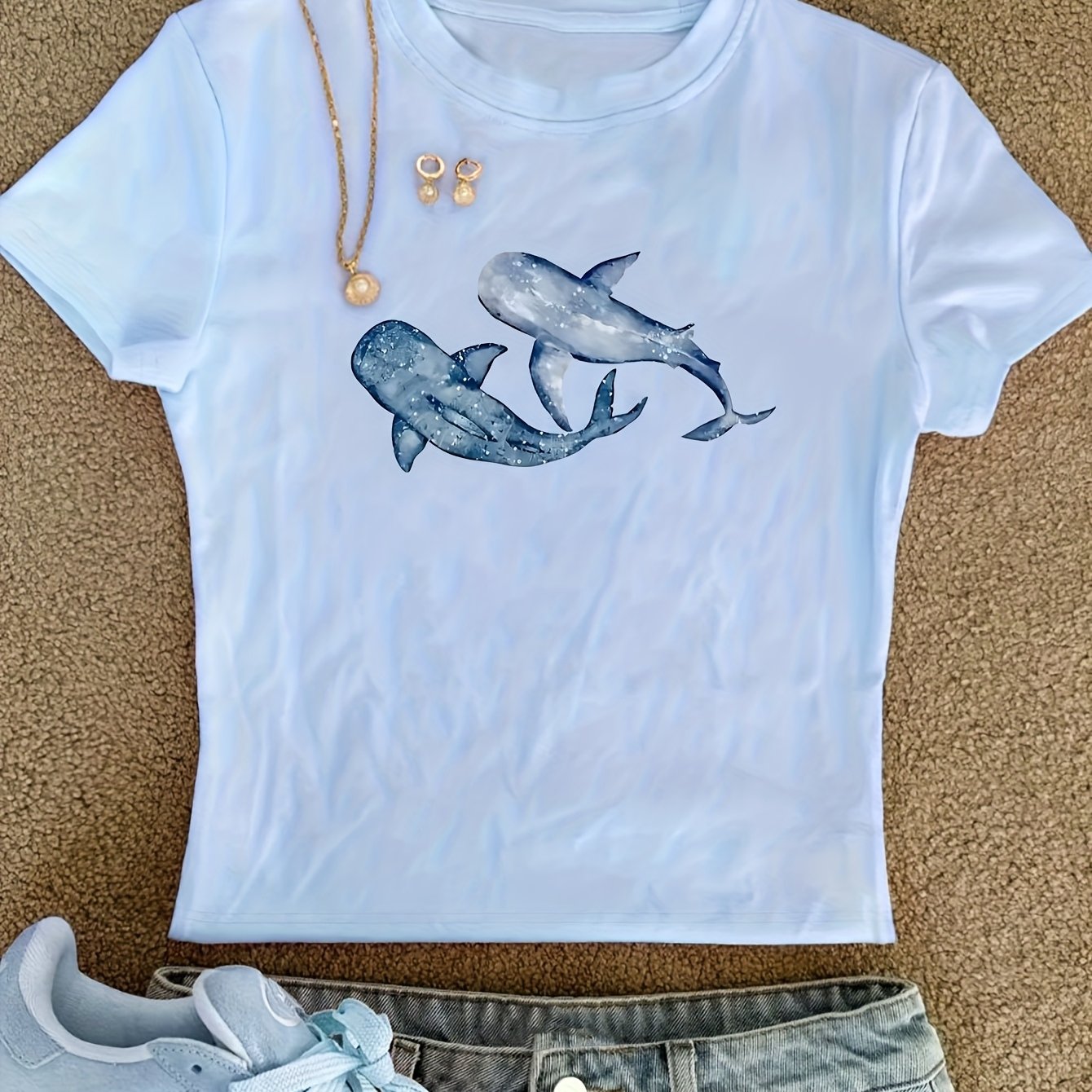 TEMU 00008-a Tight Top, Creative Trendy Dolphin Pattern Print T-shirt, Tight Short-sleeved Round Neck Casual Top, Summer And Spring, Women's Clothing