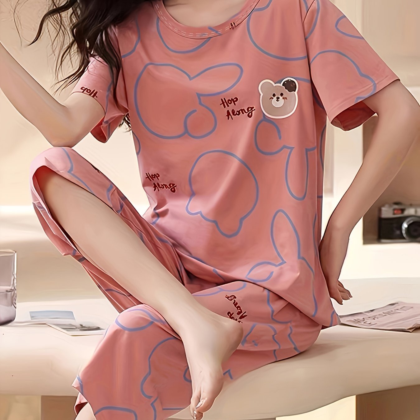 TEMU Summer New Arrival, Pink Bear Print Pajama Set, Round Neck Short Sleeve Top And Capri Pants, Birthday Party, Loose