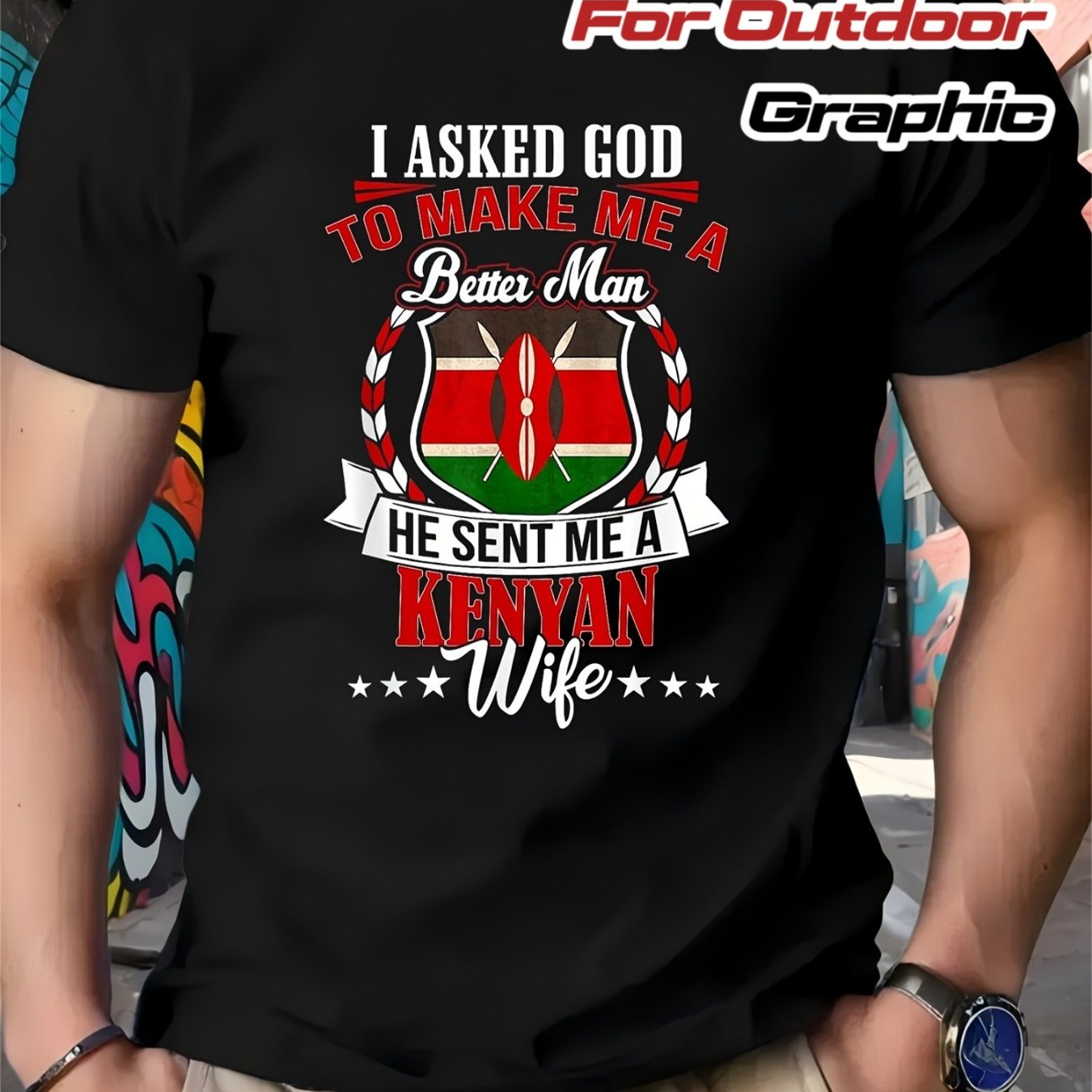 Wife Men's Casual T-shirt | 100 Neck Short Sleeve Tee With Flag Graphic & I God Slogan - Comfortable Regular Fit For Everyday Outdoor Wear, Vibrant Graphic Shirt, Breathable Fabric
