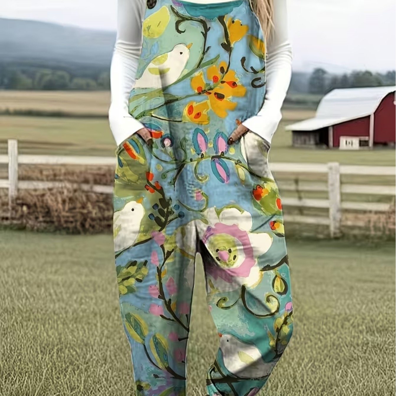Image of Plus Size Women's Floral Print Jumpsuit - Elegant - Adjustable Casual Overalls - Loose And Style, Perfect For Spring, Summer, And Autumn
