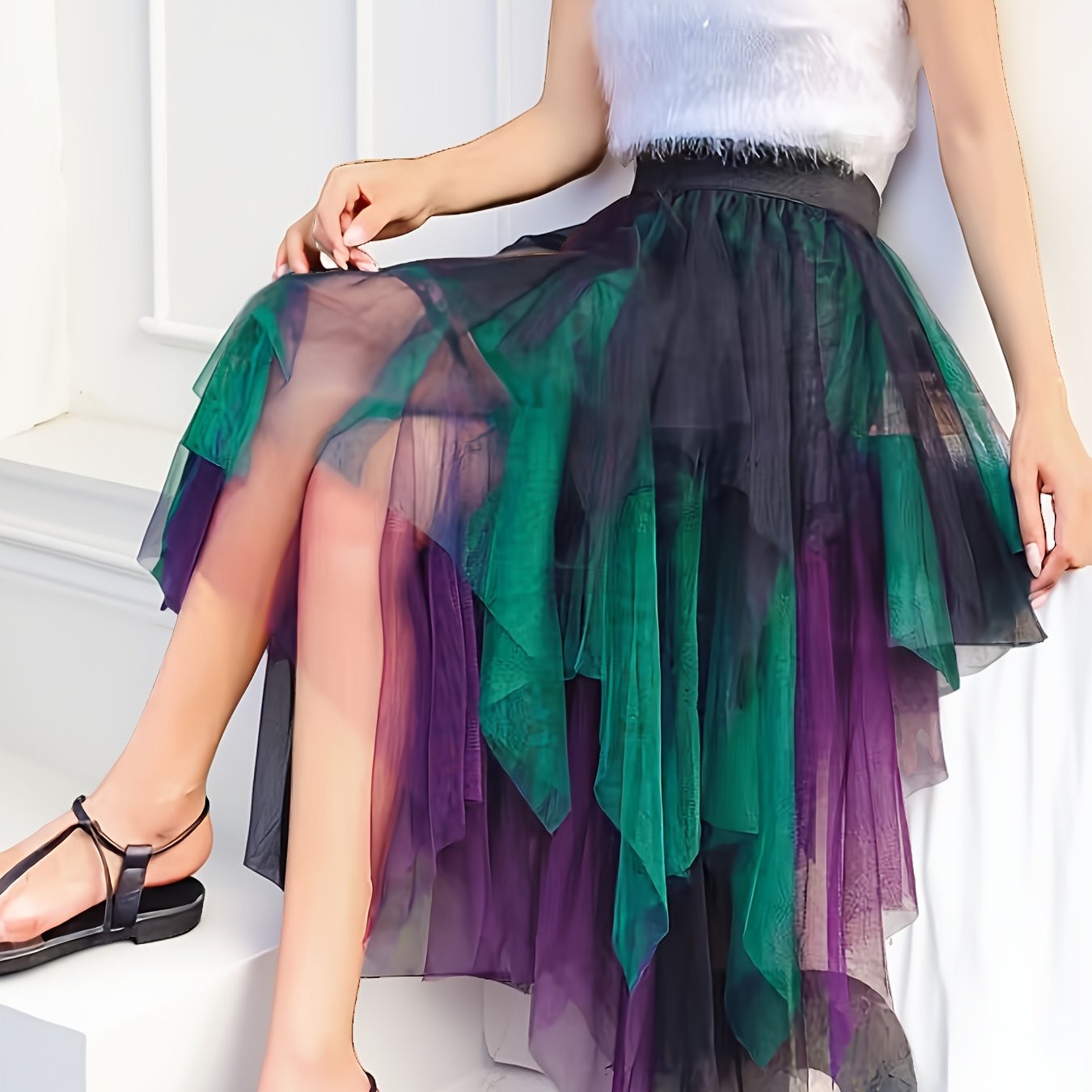 E-shop Unregelmäßiger Urlaubsstil Farbblock Mesh Midi-Rock, Neuer High-Waist Puffrock, Eleganter Chiffonrock für Damen