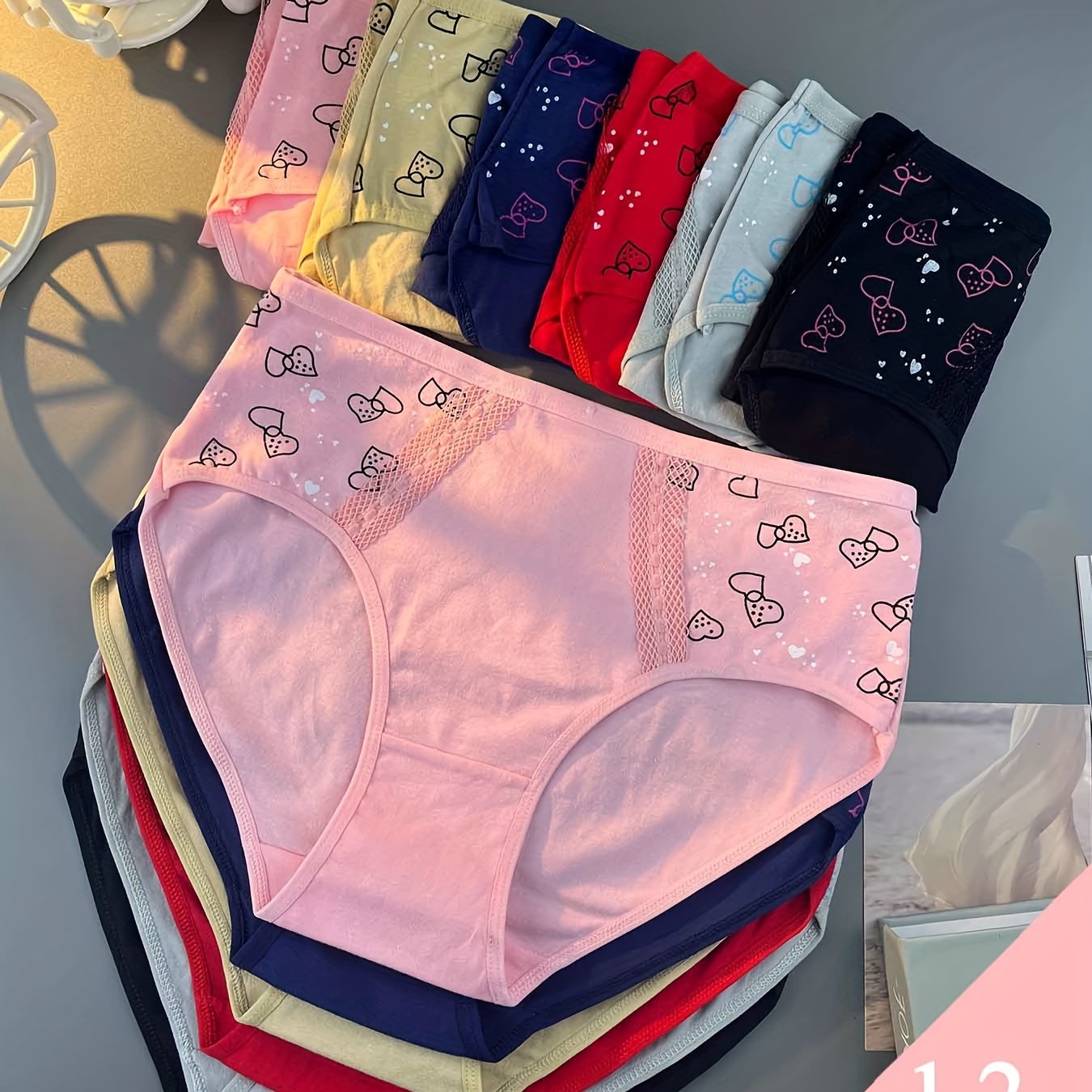 Image of 12pcs Women's High-waisted Briefs With Bow Heart Print - Fabric, Elegant Solid Color Panties For Everyday & Special Occasions, Comfortable Daily Wear, Cute Stylish Durable Underwear