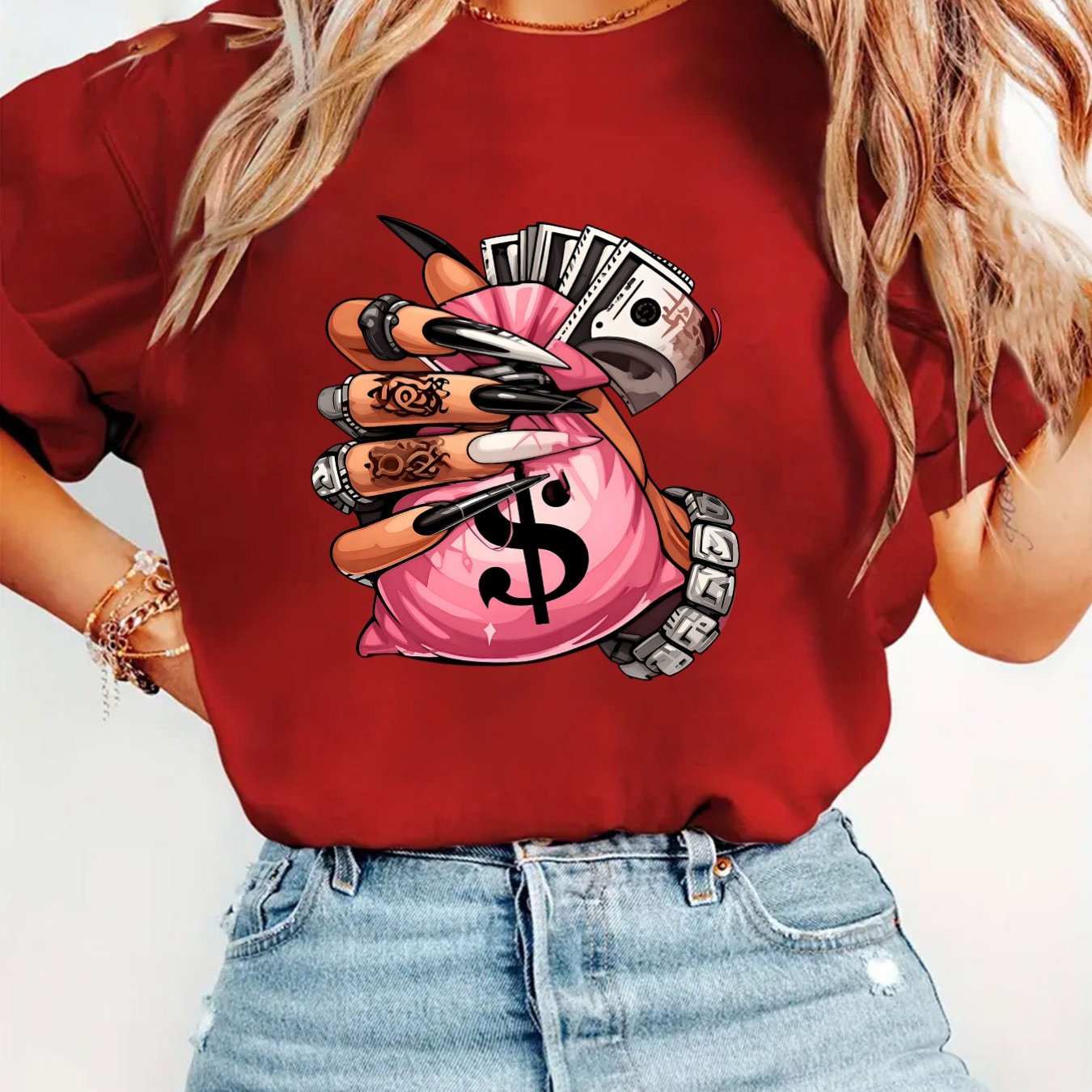 TEMU A Stylish Women's Top Featuring A Cartoon- Of A Lady Holding A Dollar Bag, Showcasing Wealth And Fashion. This Beautiful Round-neck Short-sleeve