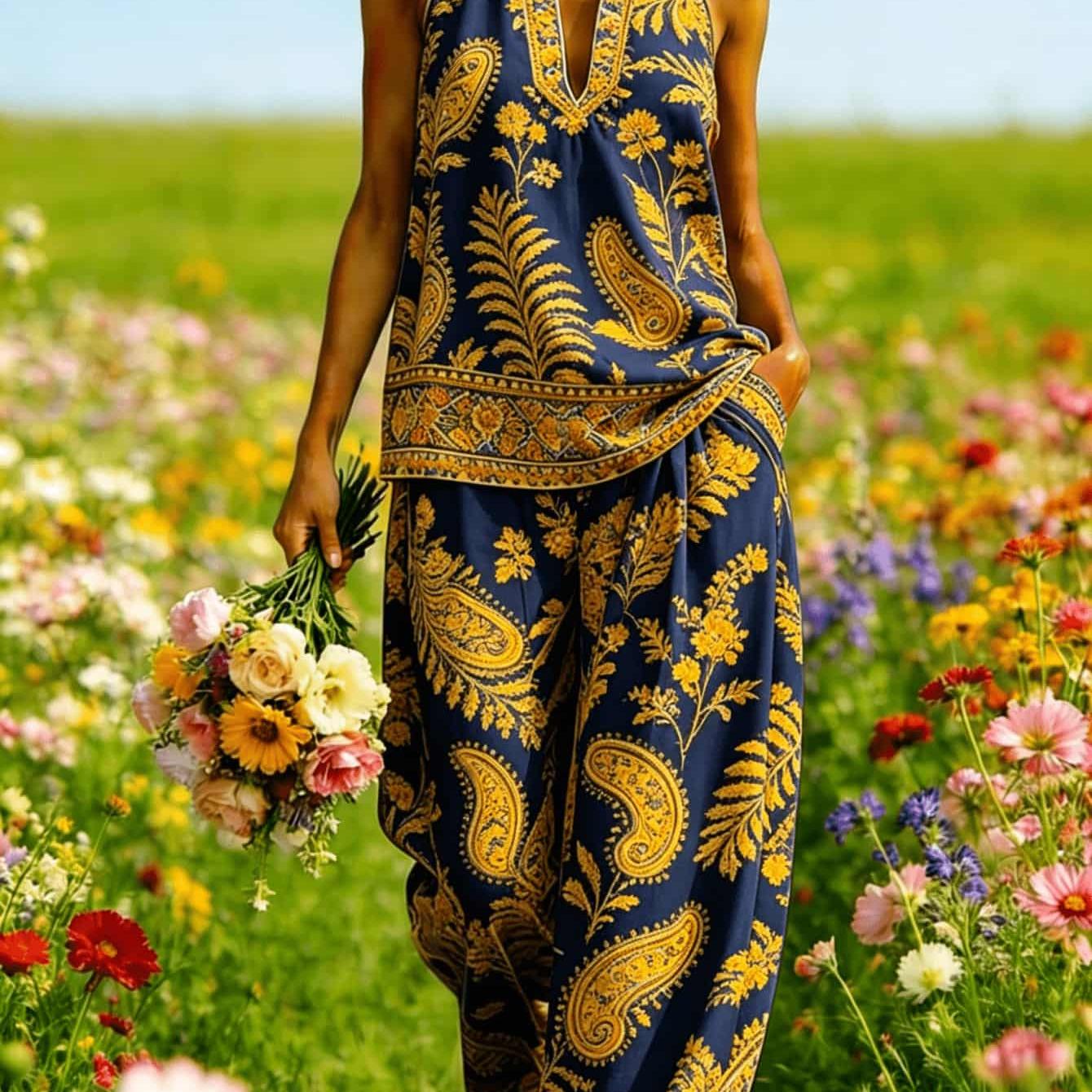 Image of Plus Size, Women's Blue Vintage Ethnic Tribal Geometric Print Halter Deep V Neck Tank Top Relaxed Wide Leg Harem Pants Holiday Vacation 2pcs Matching Outfit