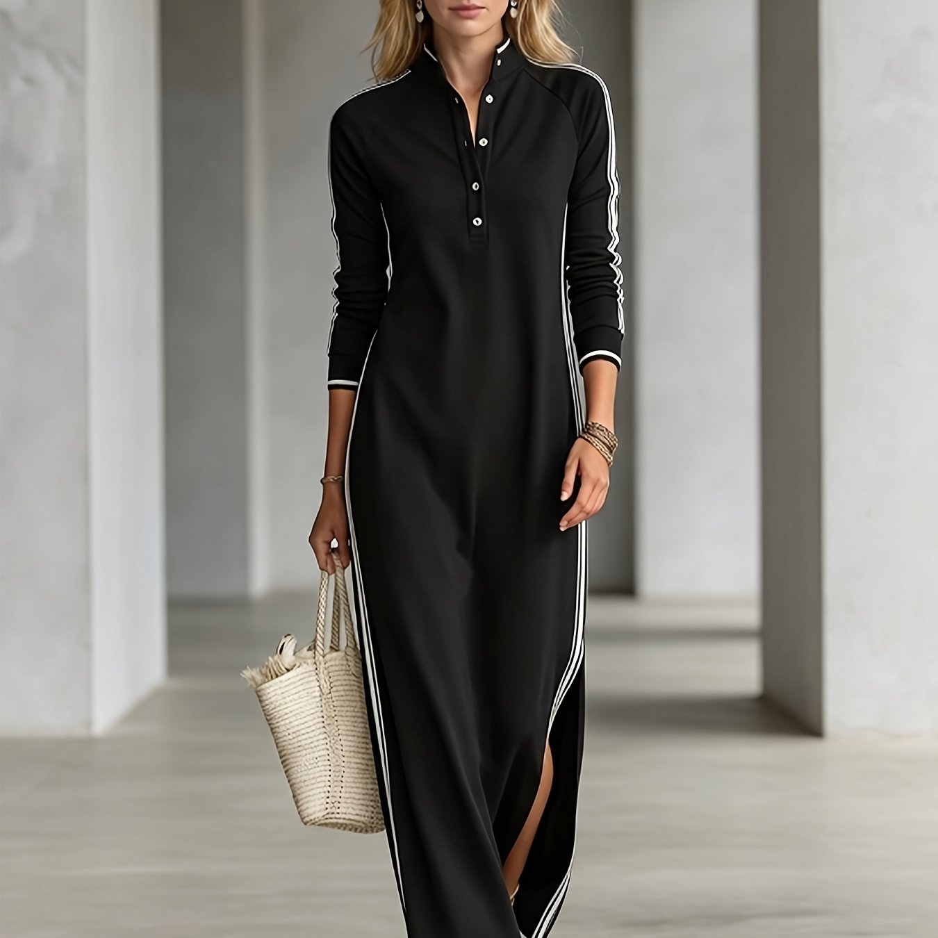 TEMU Robe longue décontractée style minimaliste pour femme avec sweat à col boutonné en Y pour /hiver