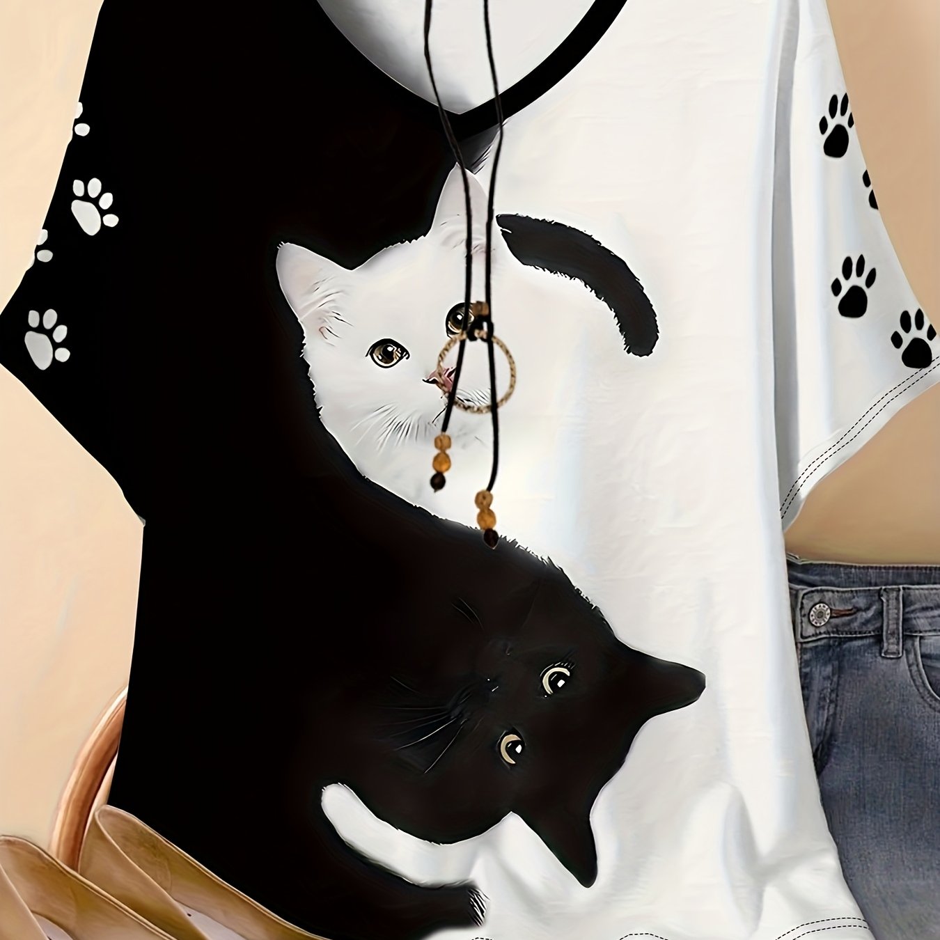 TEMU Taglie Forti, T-shirt Casual da Donna con Scollo a V, Stampa Gatto e , 95% Poliestere 5% Spandex, Tessuto Elasticizzato, Motivo Animale, Corta,