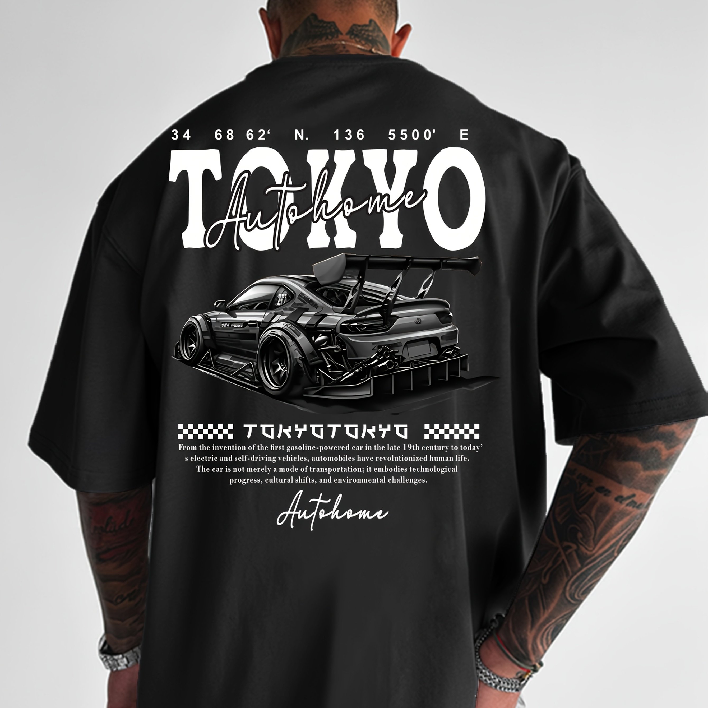 Black Graphic T-shirt, 1pc, Tokyo Racing Pattern Minimalist Men's Short Sleeve Plus Size, Plus Size