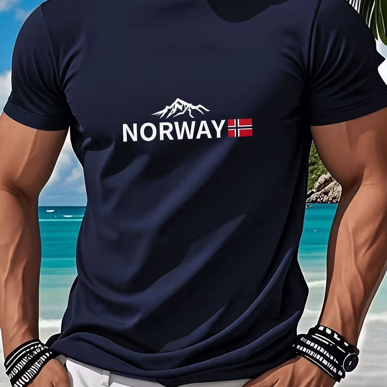 TEMU Men's Casual Norway Graphic T-shirt Mountain Flag Print Crew Neck Short Sleeve Top Adults Men Street Style Casual Wear Sportswear Quick-dry