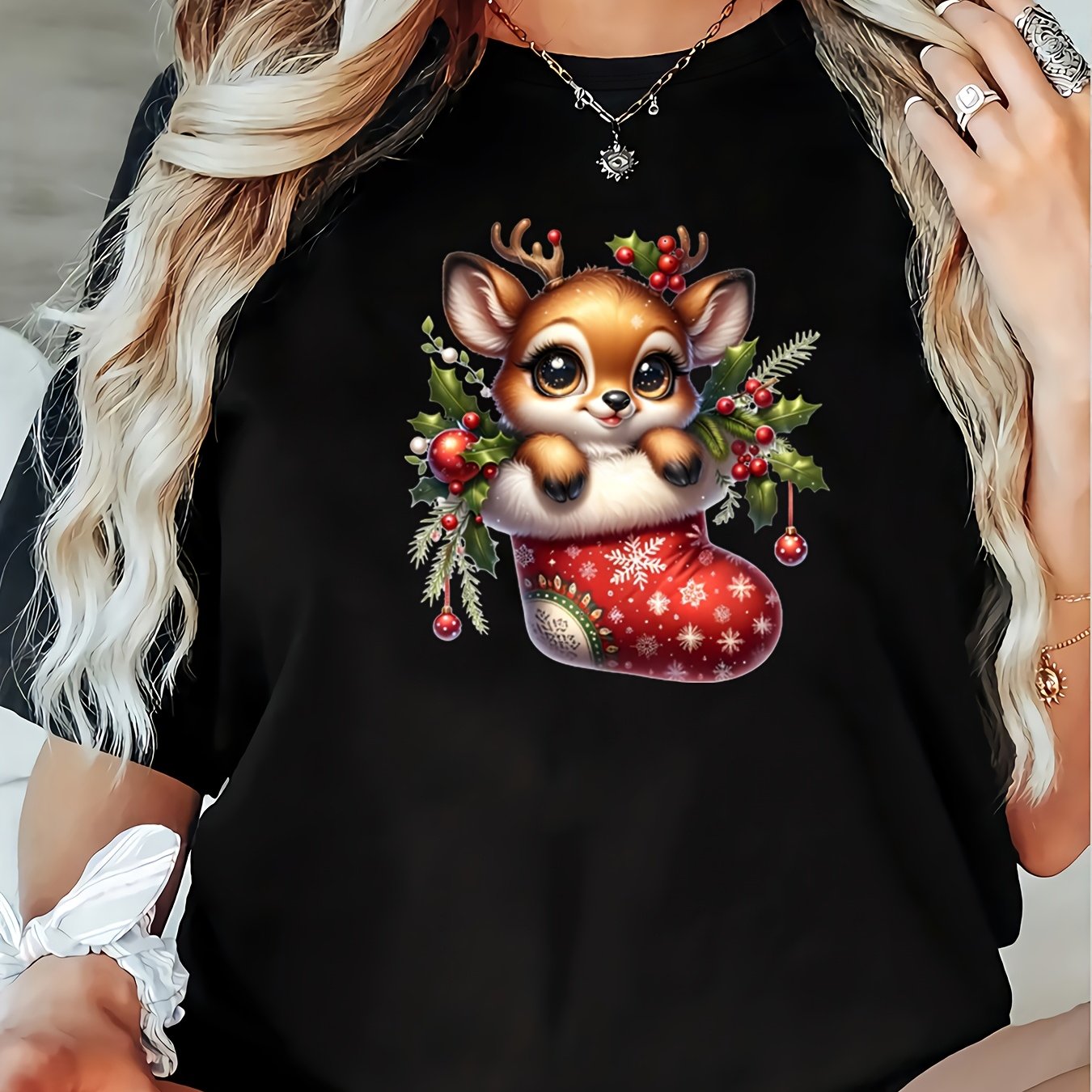 TEMU Women's Plus Size Christmas Deer T-shirt, Round Neck, Short Sleeve, Casual, Polyester, Stretch Knit Fabric, Regular Fit, Top
