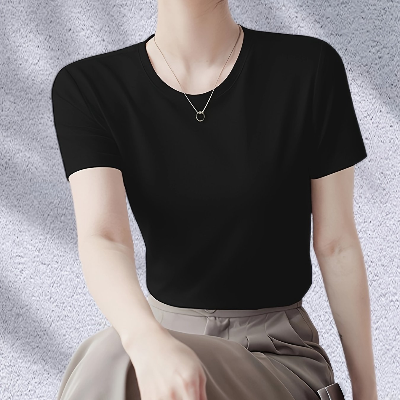 TEMU Round Neck T-shirt - Solid Color Round Neck T-shirt, Medium Stretch, Regular Sleeve, Spring/summer/autumn, Fabric, Polyester, 180g/m²