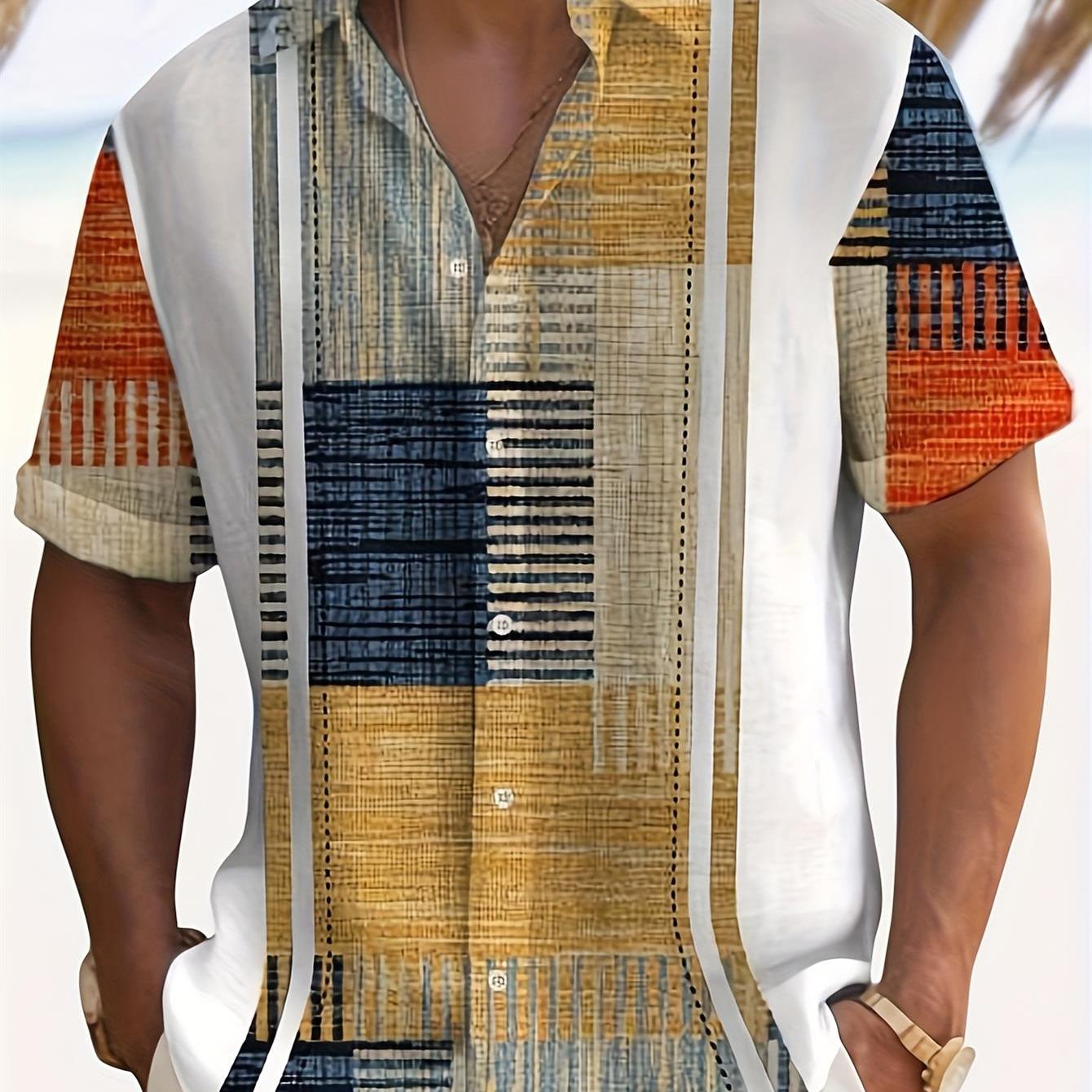 TEMU [printed Design-not Textured] 's Shirt, Geometric Texture , Suitable For Multi-occasions, Showcasing Retro Bohemian Temperament