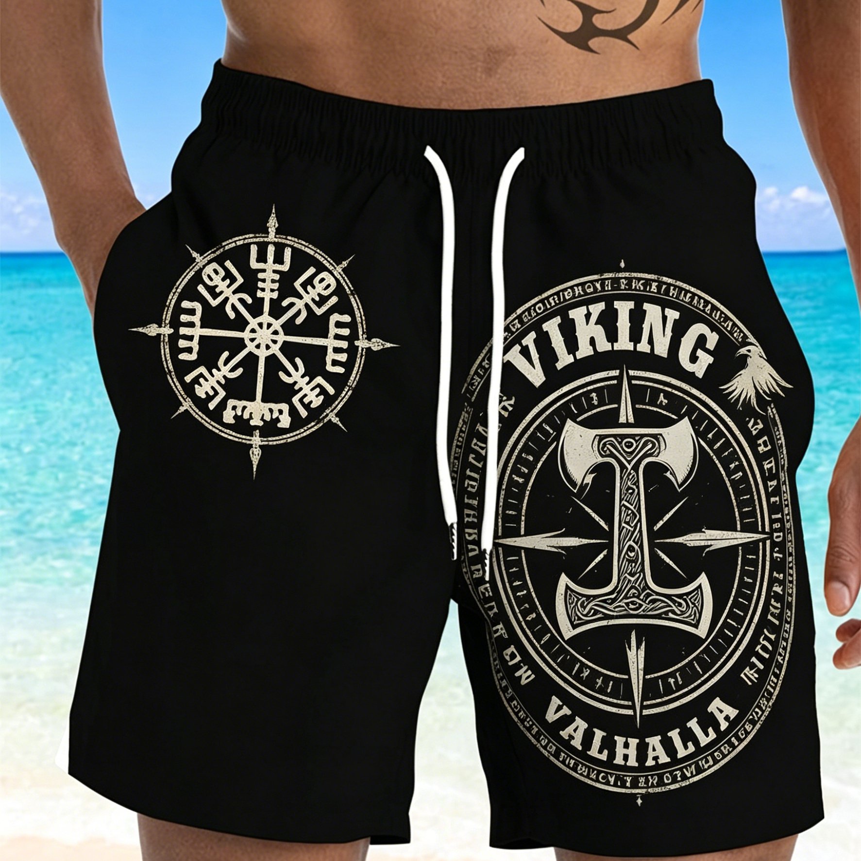 TEMU [printed Design - Not Textured/embroidered] Flat Print Men's Viking Pattern Shorts - Nordic Warrior Beach Trunks, Casual All-match Shorts,