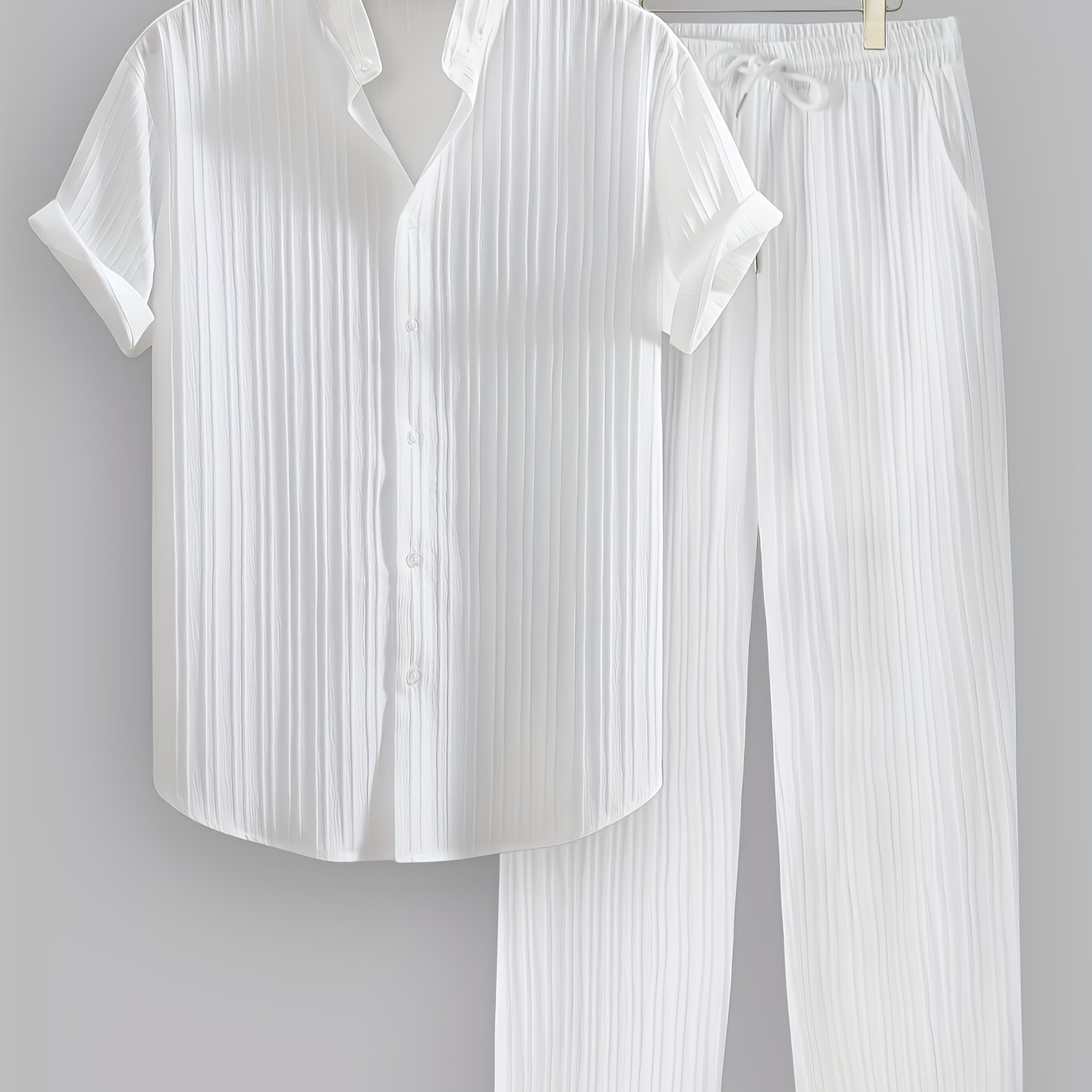 TEMU Set estivo da casual a righe in fibra, 2 pezzi, composto da camicia a maniche corte con alla coreana e pantaloni con coulisse, tessuto non