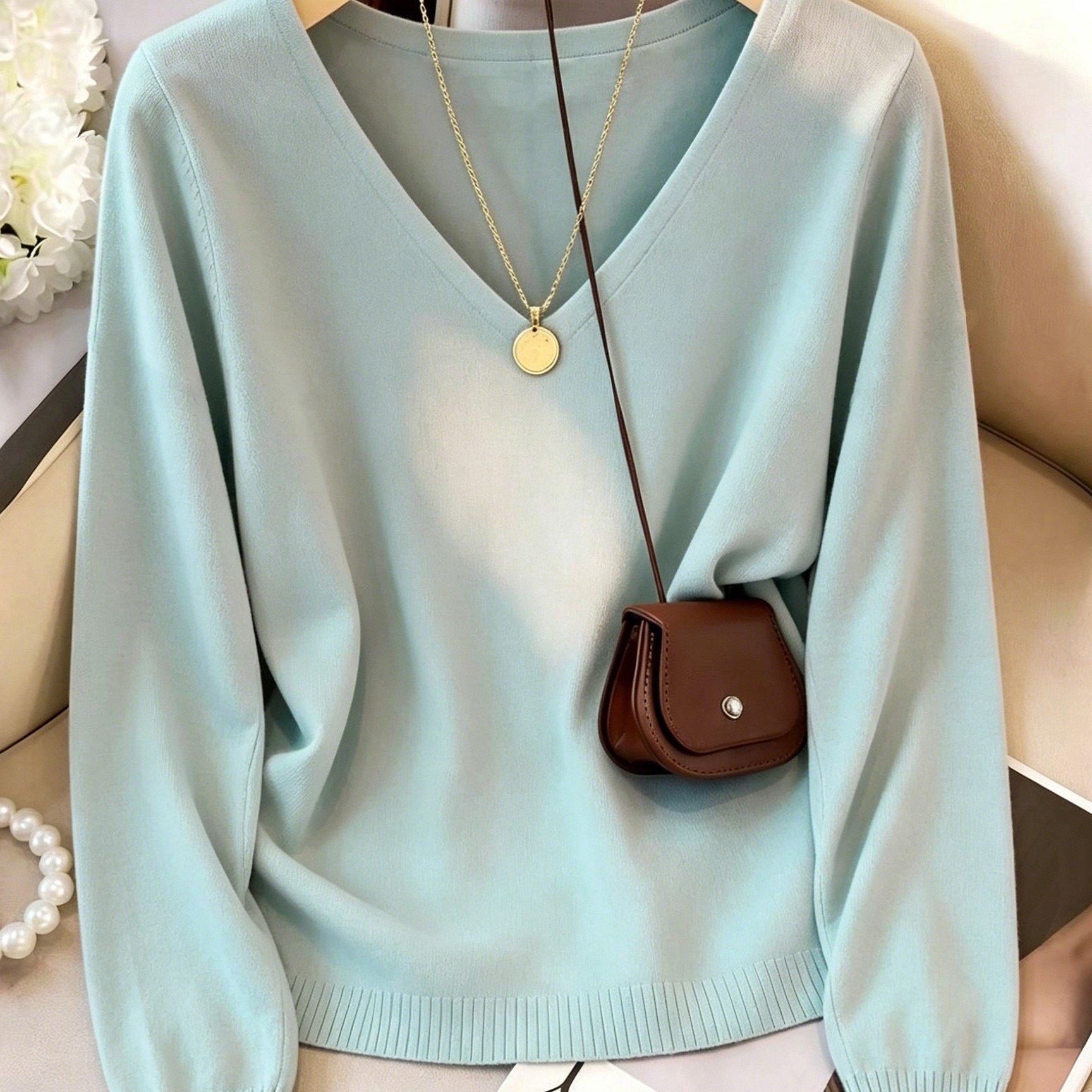 TEMU Women's Pullover Sweater, Autumn Winter -neck Long Sleeve Sweater, Gentle Style Easy Temperament Fabric, Classic V-neck Design Versatile, Loose