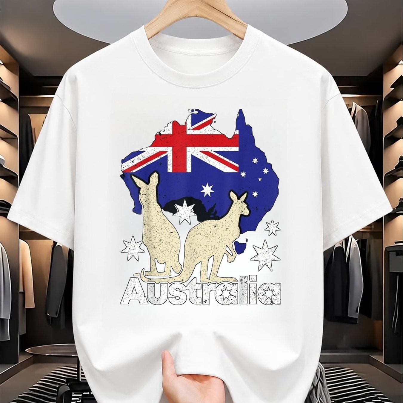 TEMU Australia Flag T-shirt - Retro Australian Kangaroo & Flag Print, Breathable Round Neck Tee Suitable For Vacations, Parties, Fitness, Casual Wear