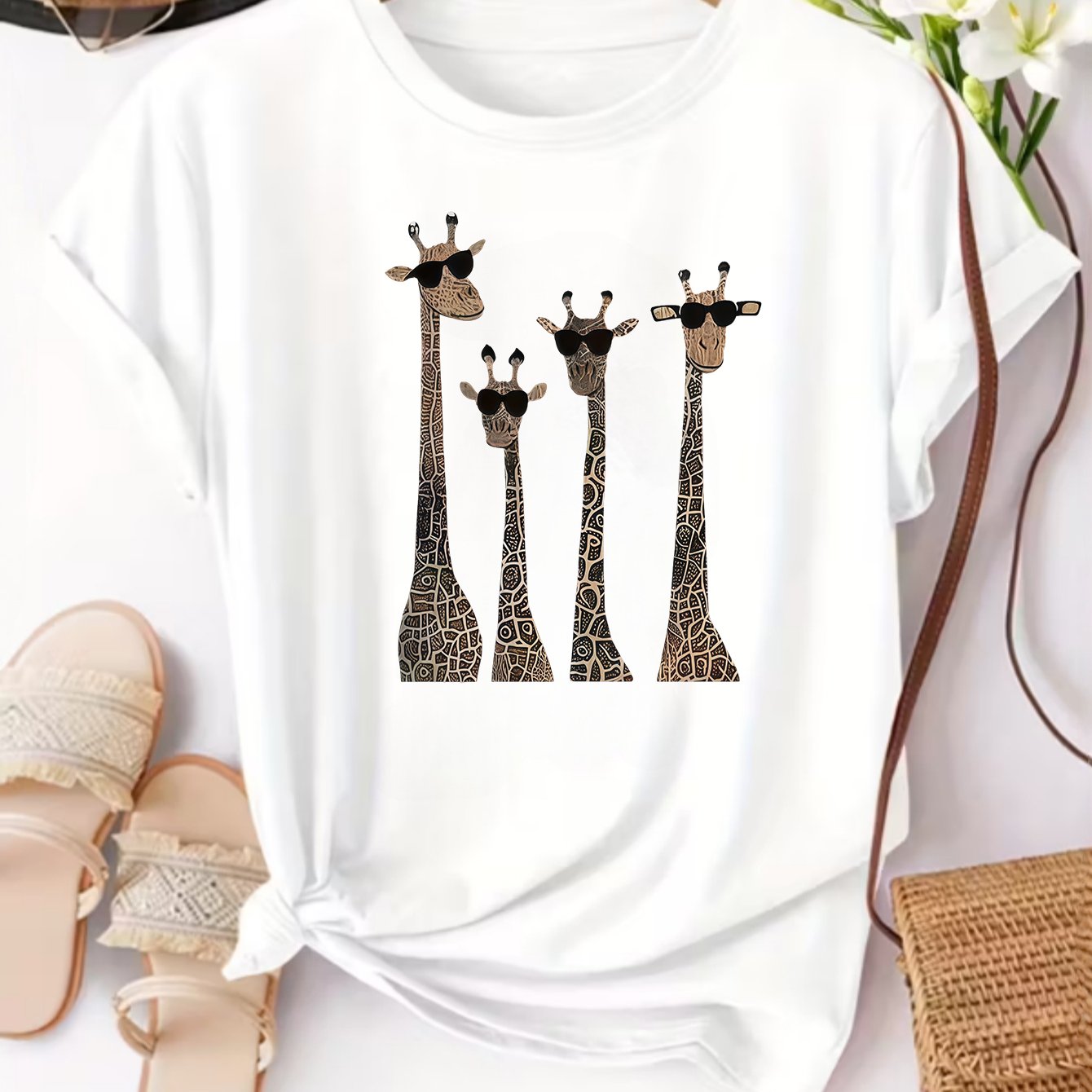 TEMU Giraffe Print Women's Round Neck Short Sleeve Casual Sport T-shirt, Essential For Summer Beach Vacations, Daily Wear, And Travel, Suitable For