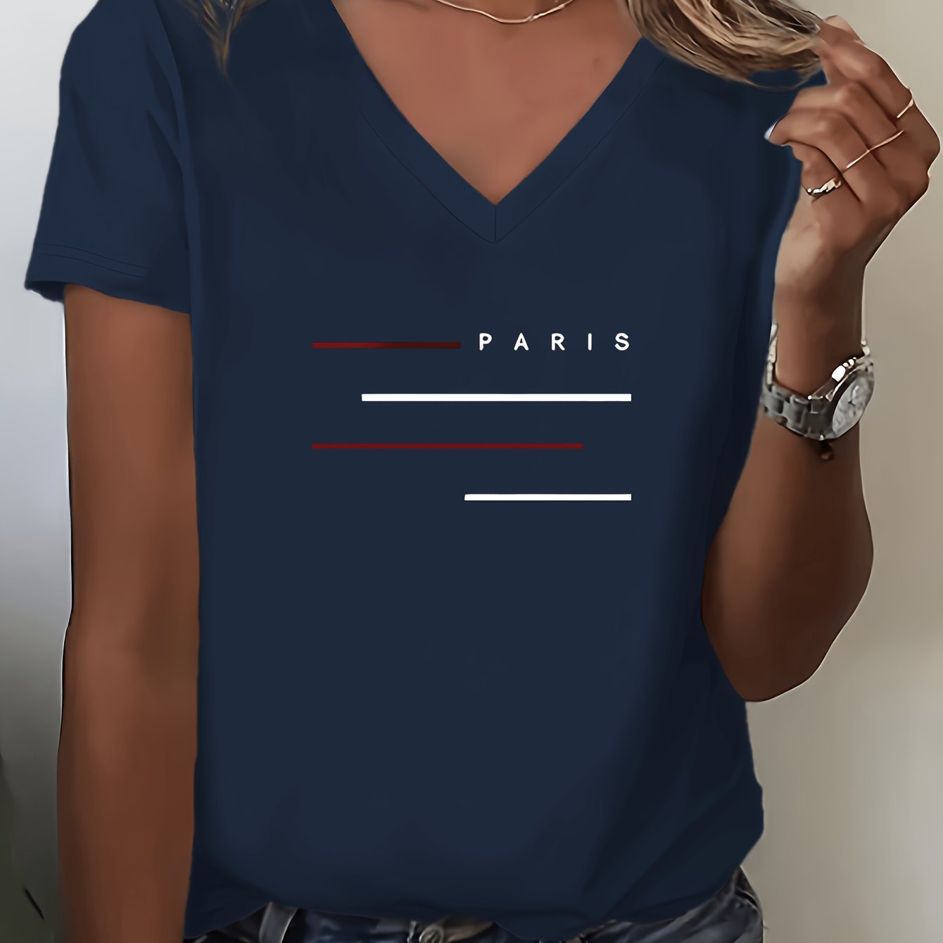 TEMU Women's English Letter Print Short Sleeve T-shirt - Elegant Regular Fit Tee, Spring Summer Autumn Top, Versatile Pullover, Machine Washable,