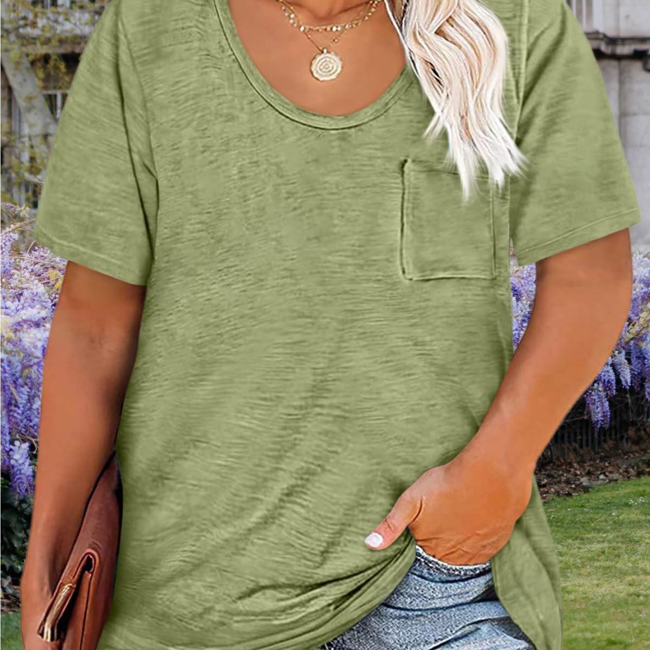 Image of Plus Size, Women's Plus Size Short Sleeve Round Neck Tunic T Shirts Casual Loose Soft Tops With Pocket