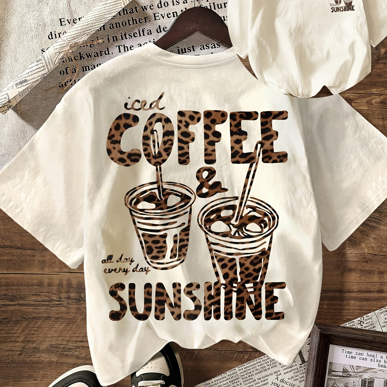 TEMU Coffee Club Lover Leopard Print Graphic T-shirt, Summer Clothes For Women, Vacation Outfits, Women's Casual Round Neck Short Sleeve T-shirt