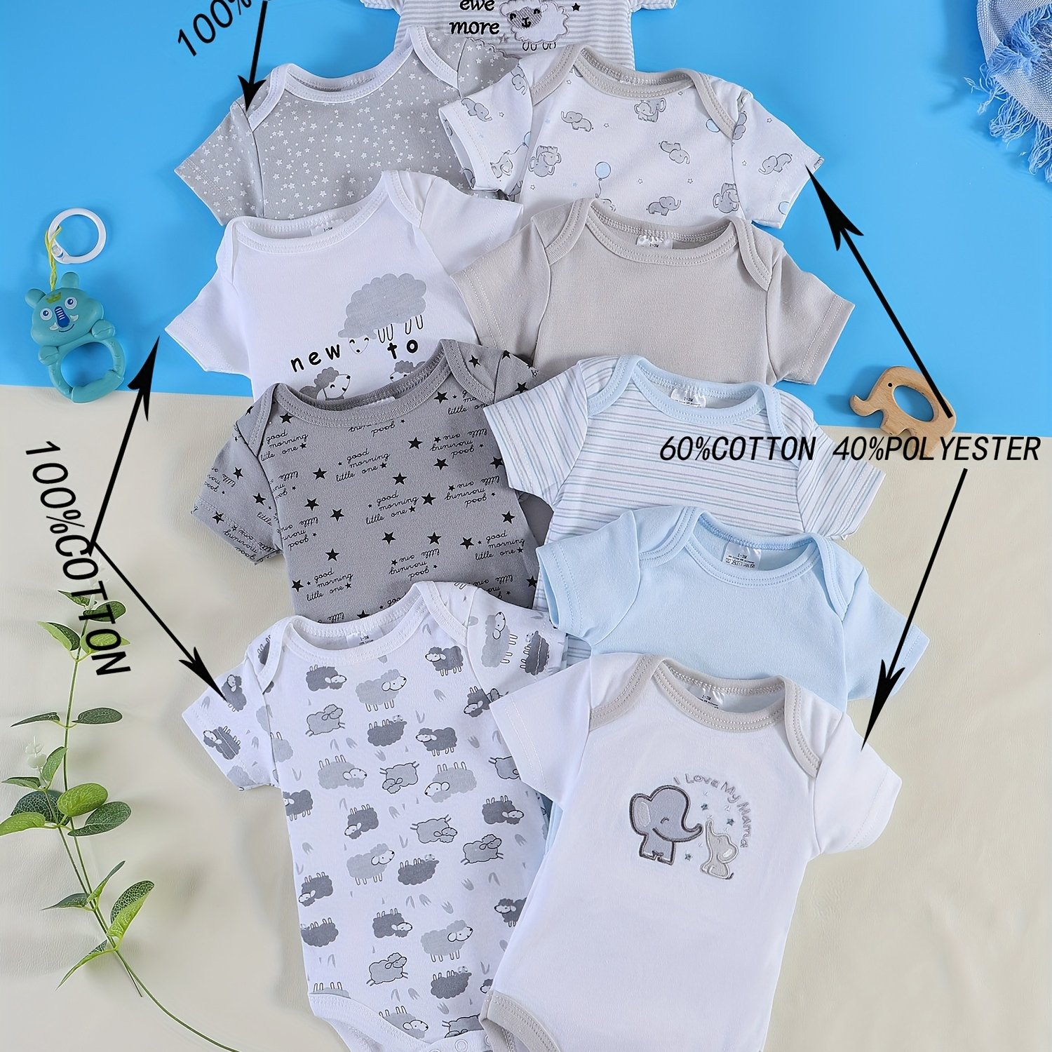 Image of 10pcs Spring/summer Newborn Set For Boys And Girls, Romper With Lamb And Cute Elephant Embroidery, Multiple Pattern Combinations, Adorable Outdoor Apparel, Perfect For Outdoor