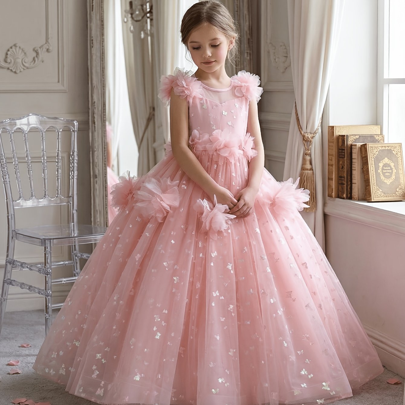 Image of Long Sleeveless Fluffy Gowns For Girls, Featuring A Round Neckline With Adorable And Floral Embellishments - Perfect For Birthday Celebrations, Wedding Receptions, Beauty Contests, Stage Shows, Piano