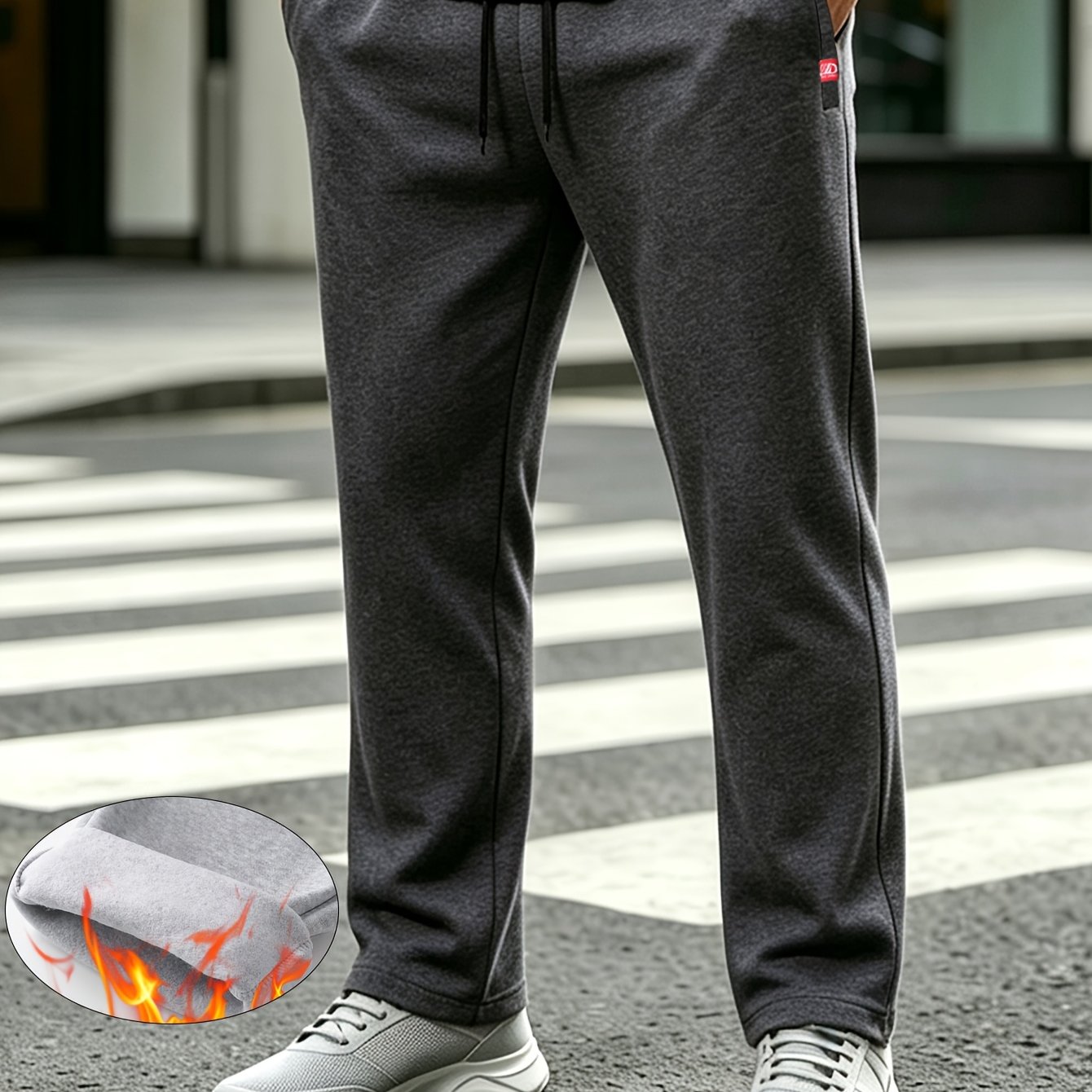 TEMU Pantalones deportivos rectos para hombre con forro polar, cintura elástica con cordón ajustable y bolsillos para correr, pantalones deportivos