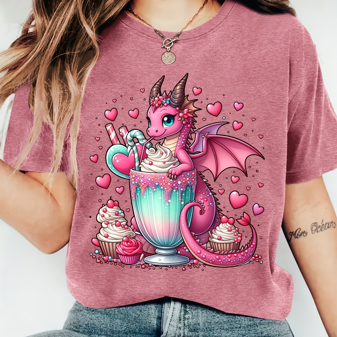 TEMU Ladies' Summer Dessert Dragon Print Crew Neck Short Sleeve T-shirt | Comfortable, Soft, Fashionable, Elegant, Vintage Style, , Medium Stretch