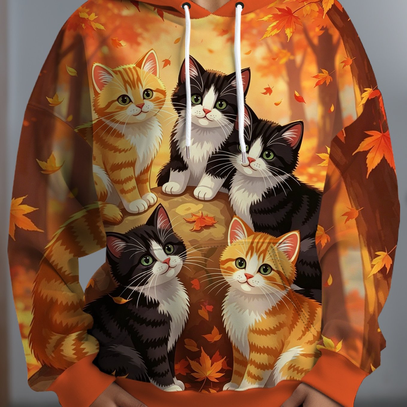 TEMU Plus Size Women's Autumn Maple Leaf Cute Kitten Print Orange Hooded Sweatshirt, Loose Drop Shoulder Fit For Plus-size Bodies, Chest Features 5