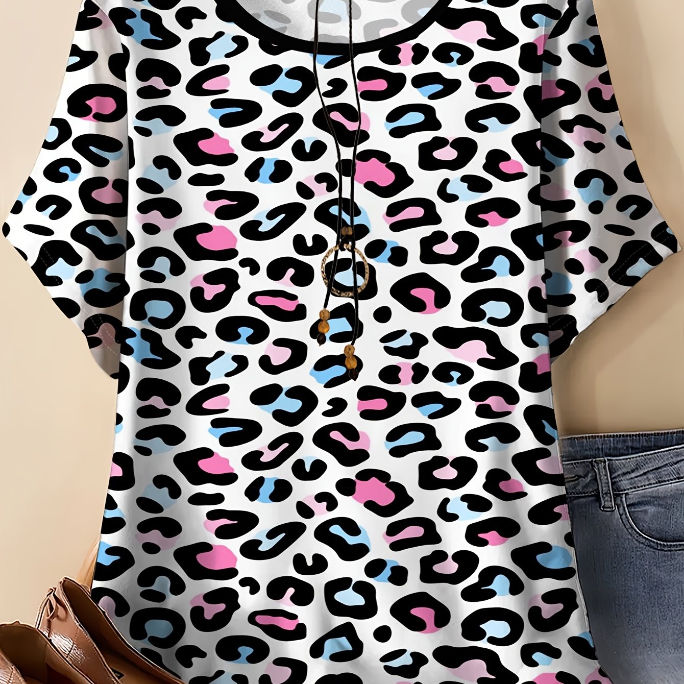 TEMU Plus Size Women's Round Neck Casual Sports Short-sleeved T-shirt With White Background And Pink And Blue Color Blocking, Sweet And Cool Leopard