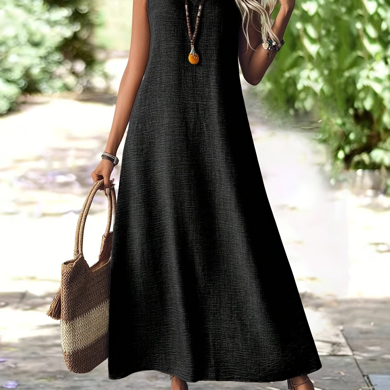 TEMU Women's V-neck Sleeveless Dress, Solid Color Loose Fit Summer New Korean Midi Beach Dress