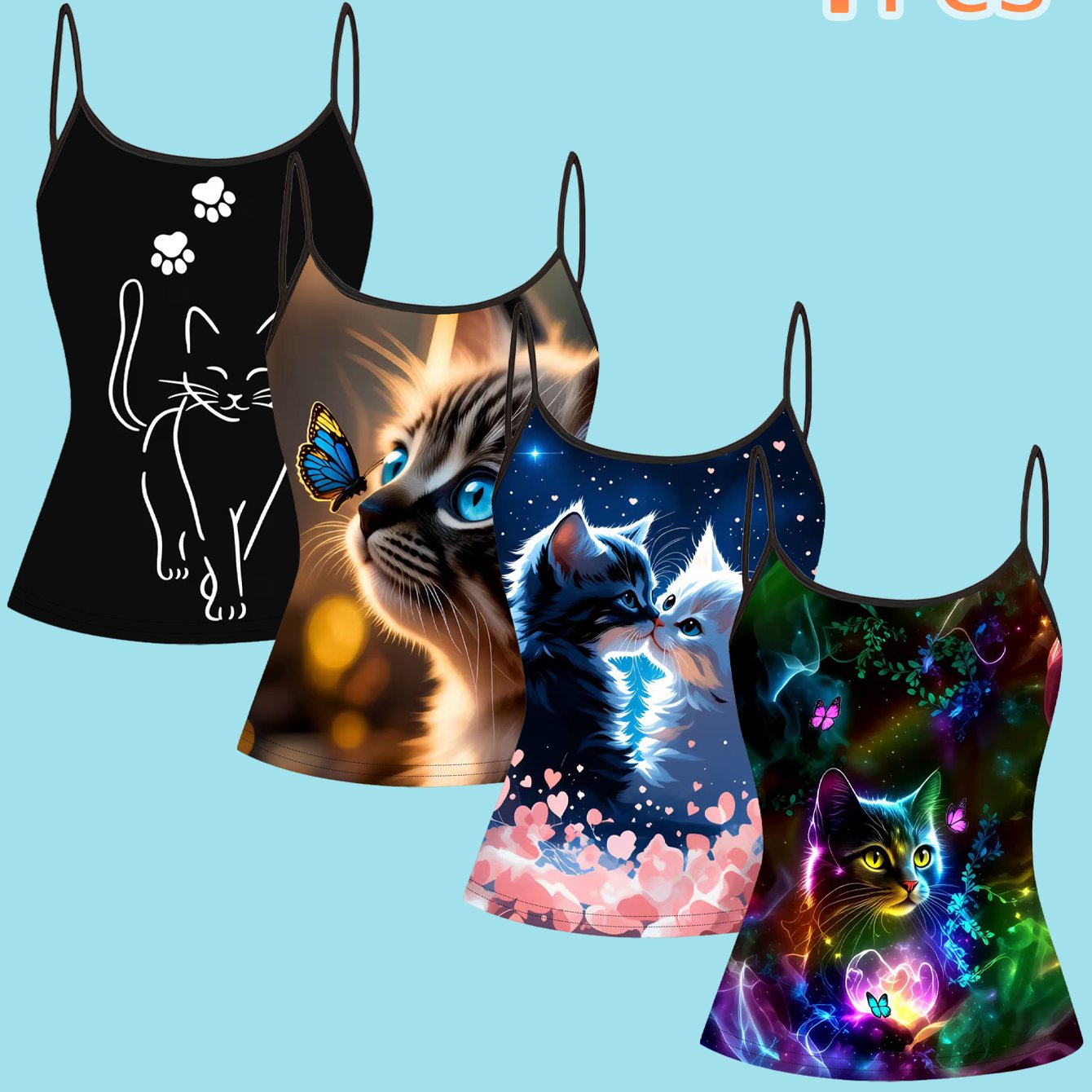TEMU 4pcs Pack Women' Slim-fit Sleeveless Tops - Thin Strap Neck/off-shoulder Blouses With Cute Kitten Print, Fabric Suitable For , Machine Washable