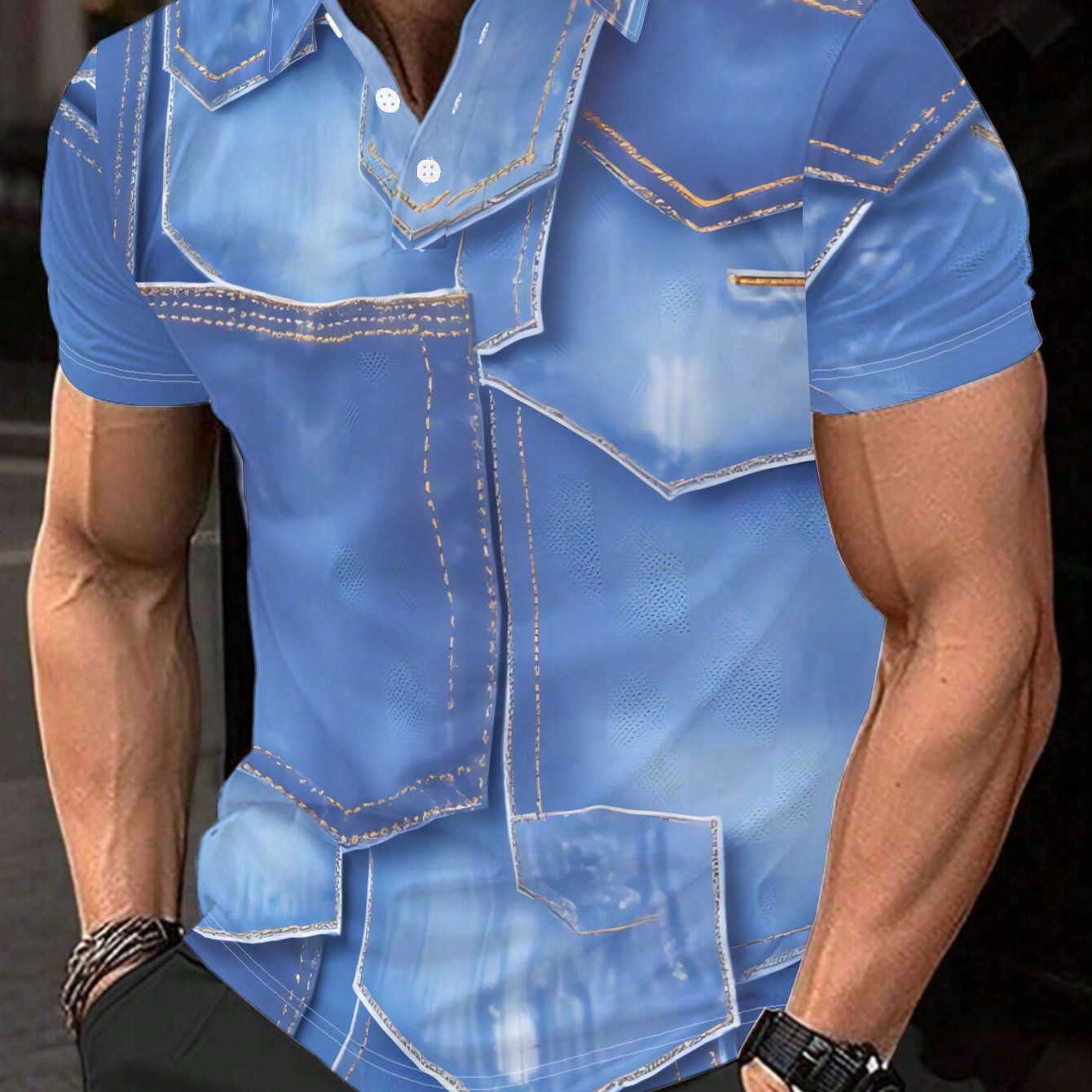 TEMU Men's Casual Short-sleeve Shirt With Multi-panel Blue Faux Pattern, With Stitching And . Machine-washable Printed Versatile Top With Collar, A