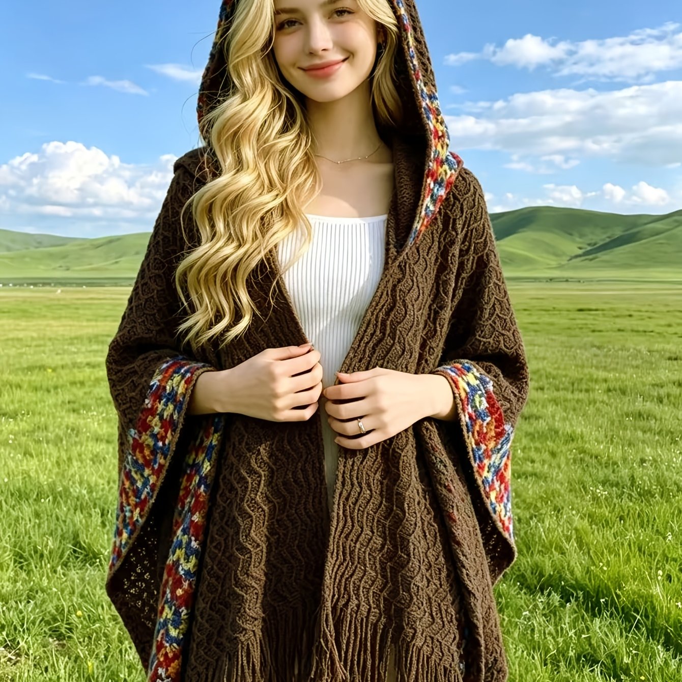 TEMU Women's Cardigan - Autumn/winter New Bohemian Ethnic Style Wavy Fringe Hooded Multicolor Jacket, Summer Women's High-end Elegant Temperament