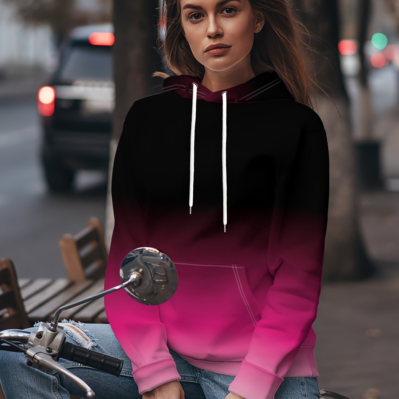 TEMU Women's Hooded Sweatshirt With A Soft Gradient From Black To Pink And White - Trendy And Minimalist, Featuring A Vibrant And Fashionable Pattern
