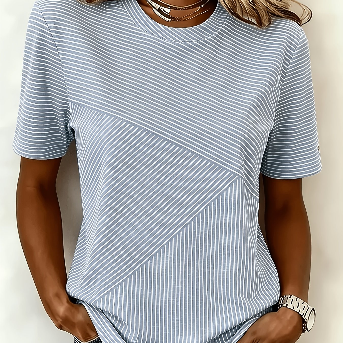 Image of Women's Striped Print Short-sleeve T-shirt, Round Neck Casual Summer Top