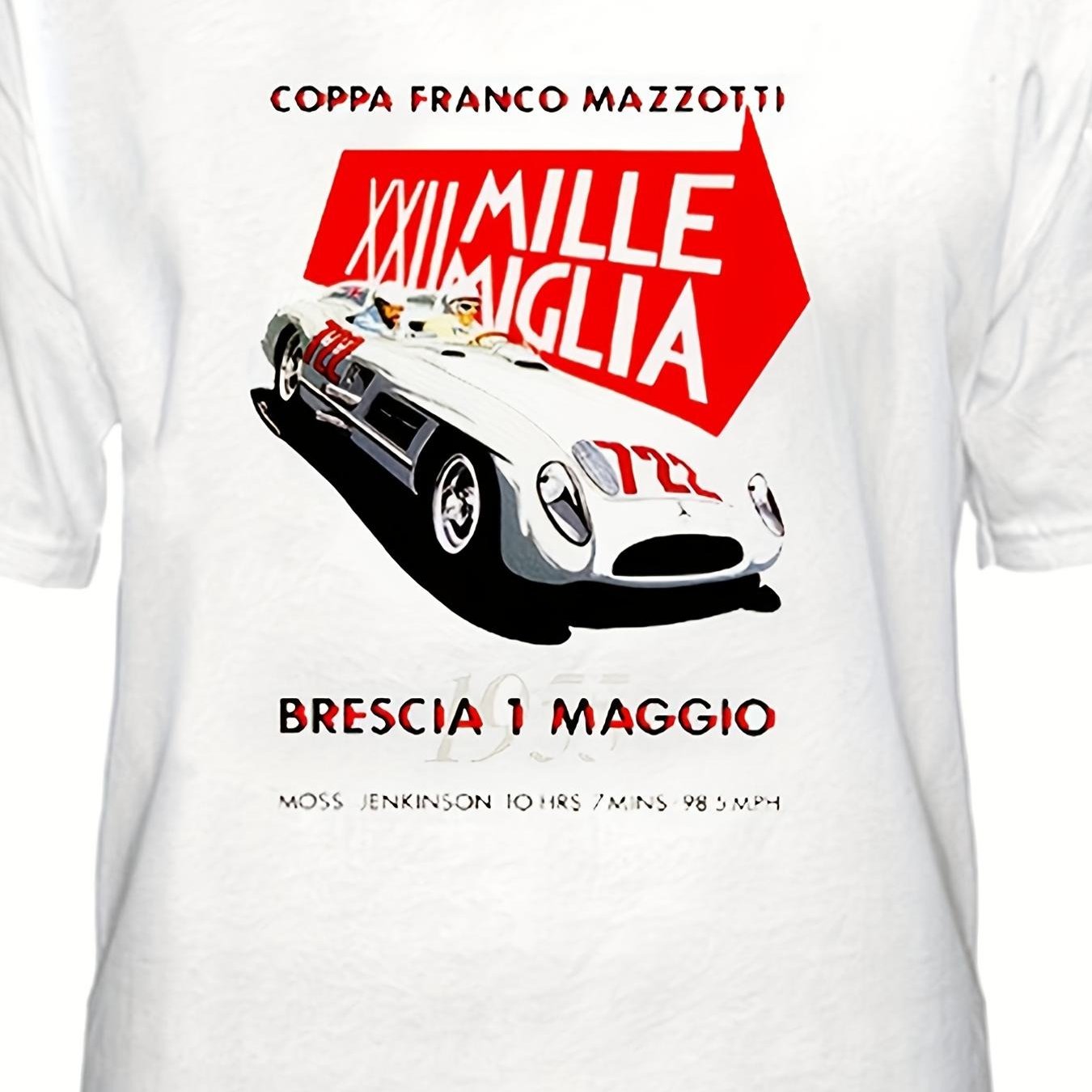 Image of 2025 Mille Miglia Italian Race Vintage Racing T Shirt For Men White Retro Classic Car Logo 1960s Rally Design Brescia Route Heavy 100 Heritage Oversize