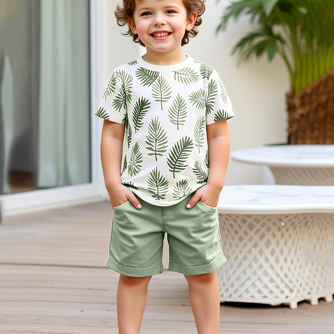 Image of 2pcs Set Of Boys' Clothing, Summer Short-sleeved Round-neck T-shirt With Leaf Print And Boy's Fashionable Shorts For Summer , Perfect For Outdoor