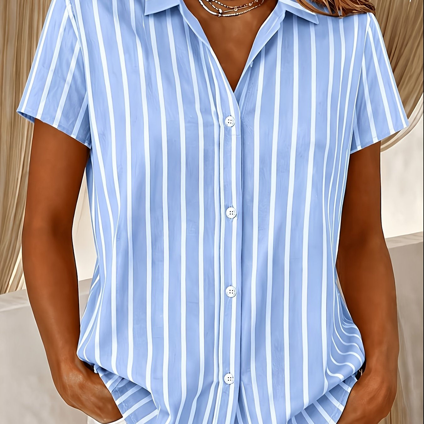 TEMU Women's Vertical Striped Lapel Shirt Button-front Short Sleeve Suitable For Casual & Professional Wear, Vertical Stripes Top, Machine Washable