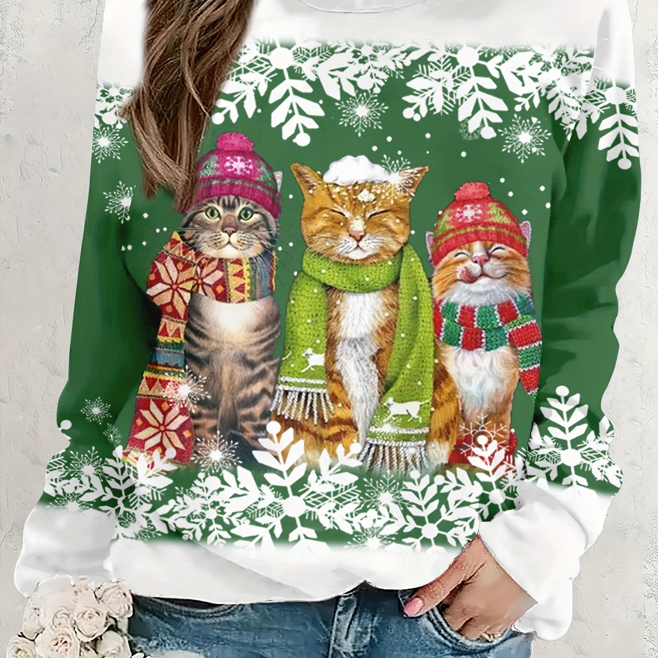 TEMU Plus Size, Women's Plus Size Sweatshirt, Cartoon Cat Fashion Snowflake Red Crew Neck Sweatshirt, Exquisite Festive Unique Warm And Comfortable