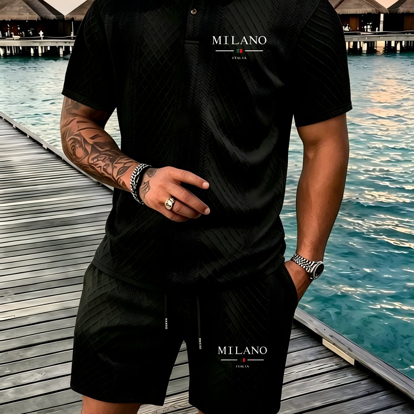 TEMU New 2pcs Men's Summer Shirt And Shorts Set Drawstring Waist Practical Pockets Clothing Fashion Casual Beach Sea Vacation Outing Camping