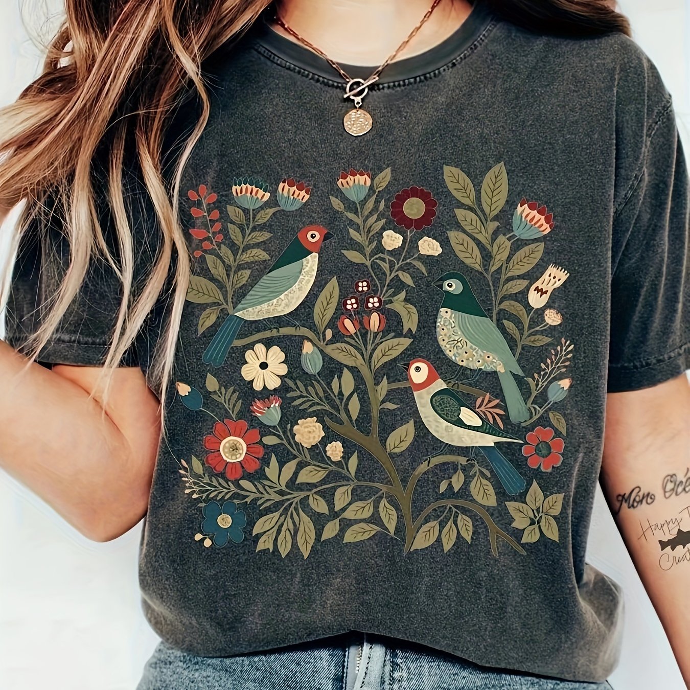 Kuva tulossa: TEMU T-Shirt mit Blumendruck, kurzärmliges -T-Shirt mit Rundhalsausschnitt für Frühling und Sommer, Damenbekleidung