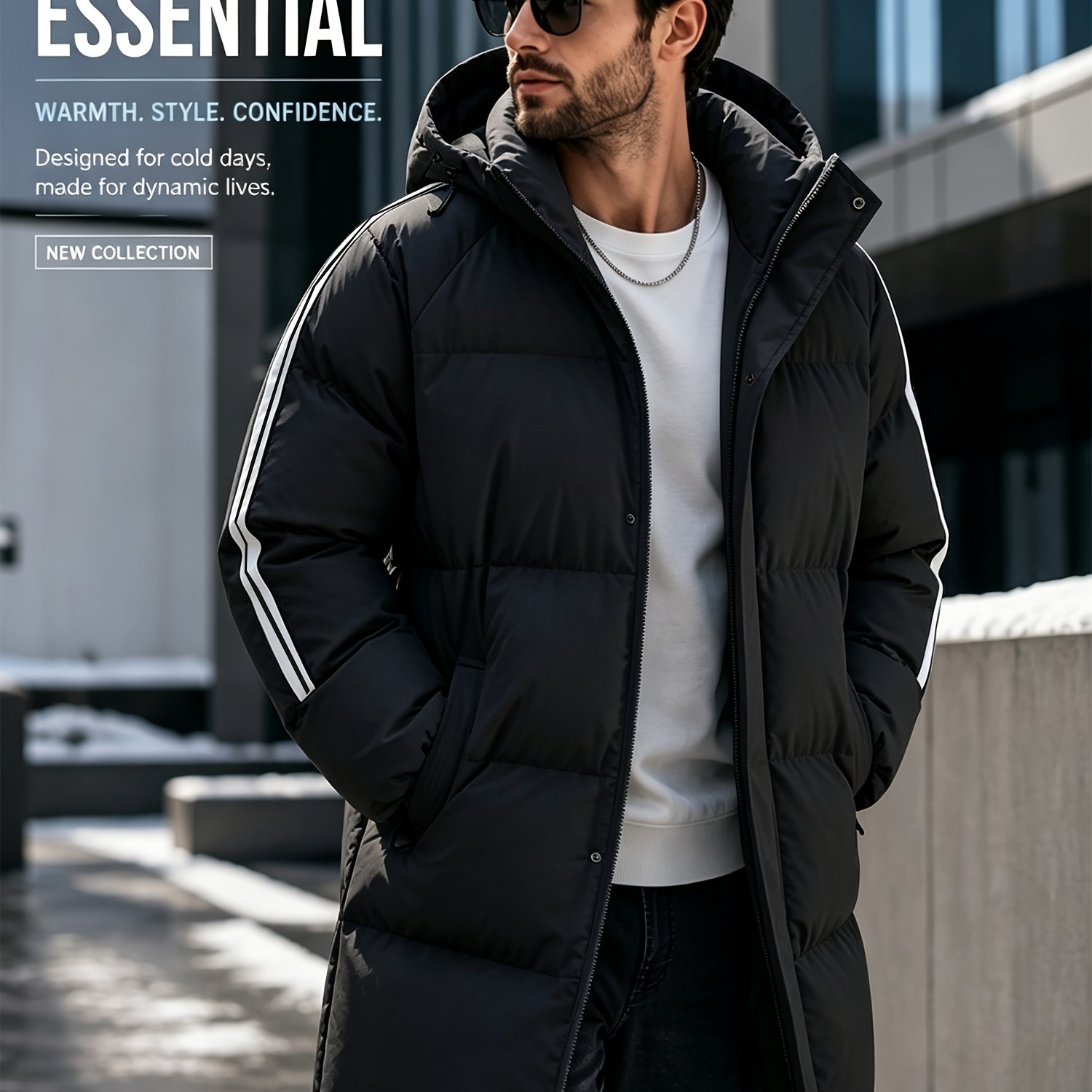 TEMU Men's Longline Parka Hooded Jacket, Solid Color Simple Short Warm Business Casual Versatile Outerwear For Winter Essentials