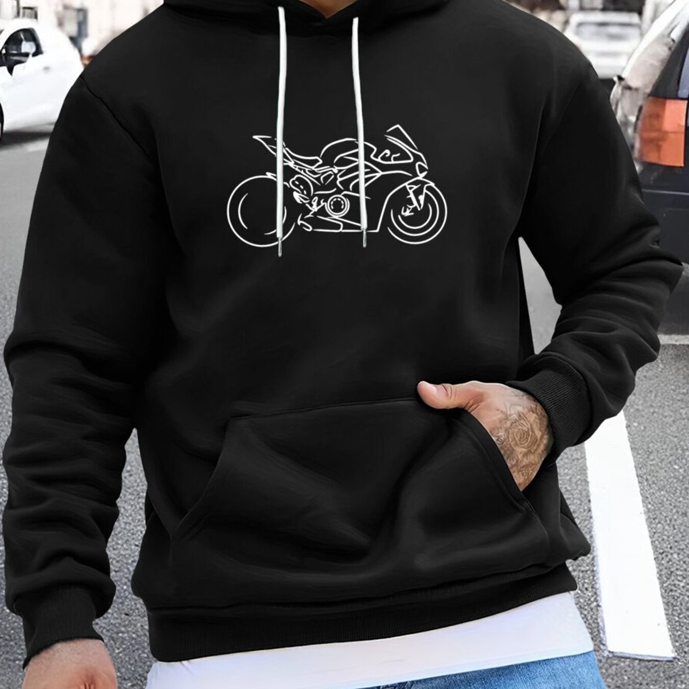 TEMU Stylish Motorcycle Enthusiast Hoodie - Soft, Breathable Polyester Pullover With Spacious Kangaroo Pocket, Fall And Winter Outdoor Activities