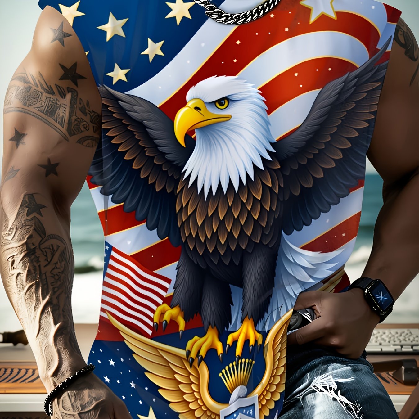 TEMU Men's American Flag & Eagle Print Sleeveless T-shirt - Plus Size Patriotic Shirt Suitable For 4th Of, Day, Casual Wear, Machine Washable Regular