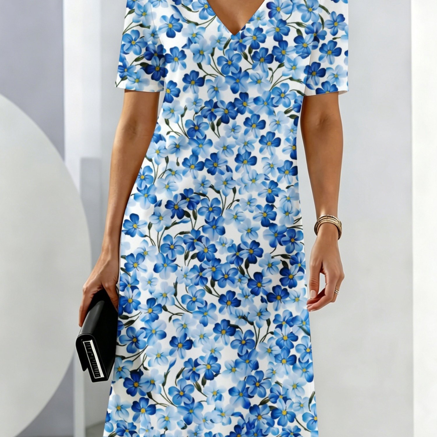 Women's Summer Dresses Blue Floral Print Pattern Dress Breathable And Comfortable Summer Wear For Her Deep V-neck Cool And Breathable